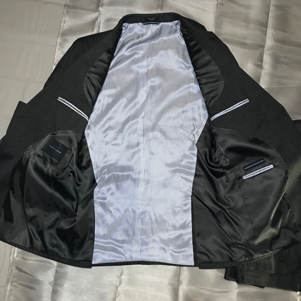 Tommy Hilfiger Mens 100% Wool Pinstripe Suit Charcoal Grey 40R Jacket 34R Pants - Picture 7 of 16